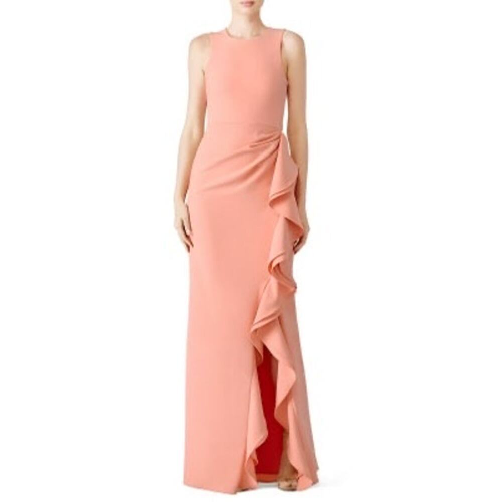 Parker Black Women's Pink Crepe Madeline Sleeveless Ruffle Gown Dress Size 10